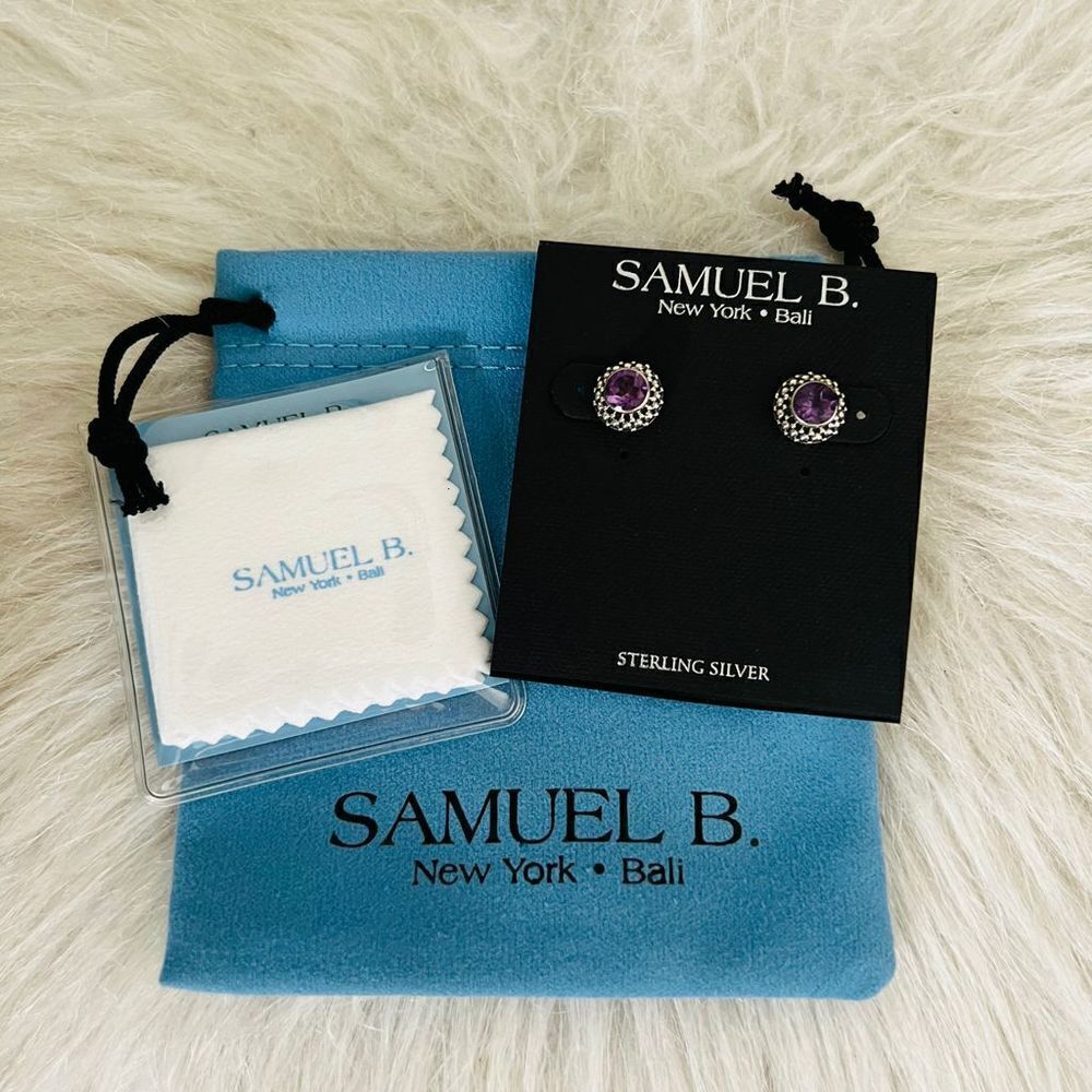 Samuel B Sterling Silver Beaded Border Round Amethyst Stud Earrings Silver Nwt 99$